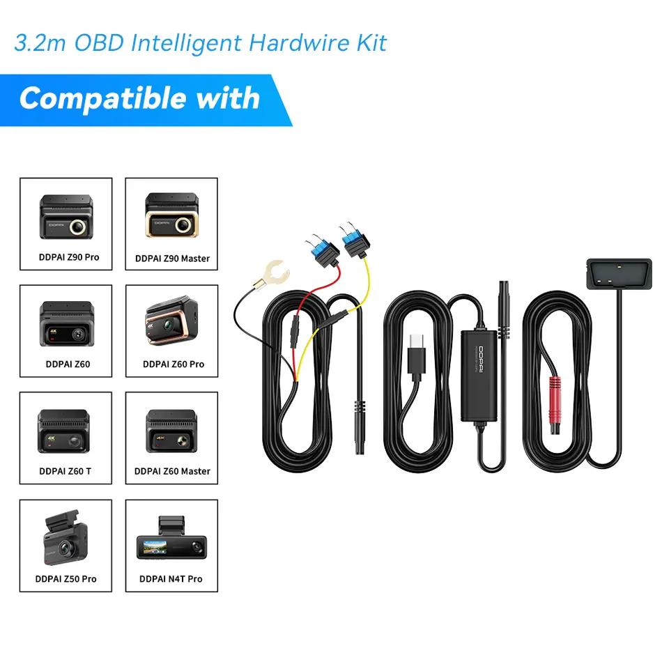 DDPAI مجموعة أدوات كاميرا سيارة ذكية OBD، متوافقة مع موديلات Z50/Z40/Z50Pro/Z60/Z90، وضع وقوف السيارات 24 ساعة