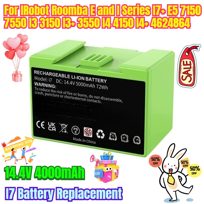 

14.4V 4000mAh I7 Battery Replacement for IRobot Roomba E and I Series I7+ E5 7150 7550 I3 3150 I3+ 3550 I4 4150 I4+ 4624864