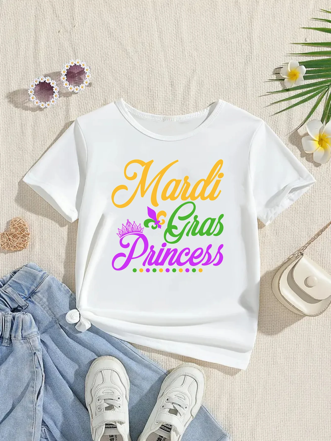 

Mardi Gras Princess Crown Letter Printed T Shirt Girls Mardi Gras Gift T-Shir Kawaii Kids Clothes Summer Short Sleeve T-Shirt
