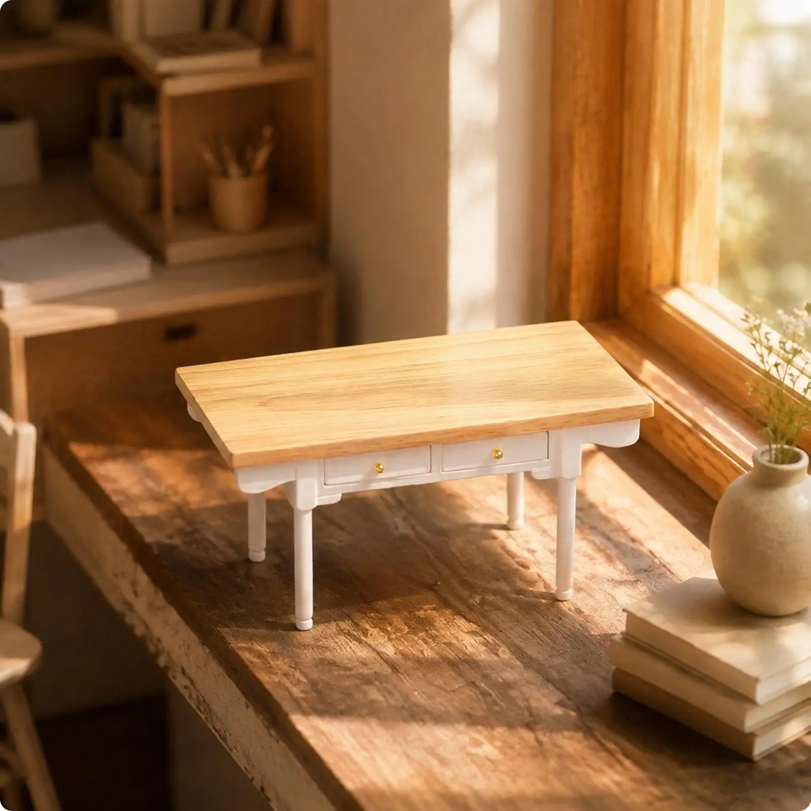 Wooden Miniature Desk for Dollhouse Tiny Writing Table with Storage Drawer for Doll Room Decor