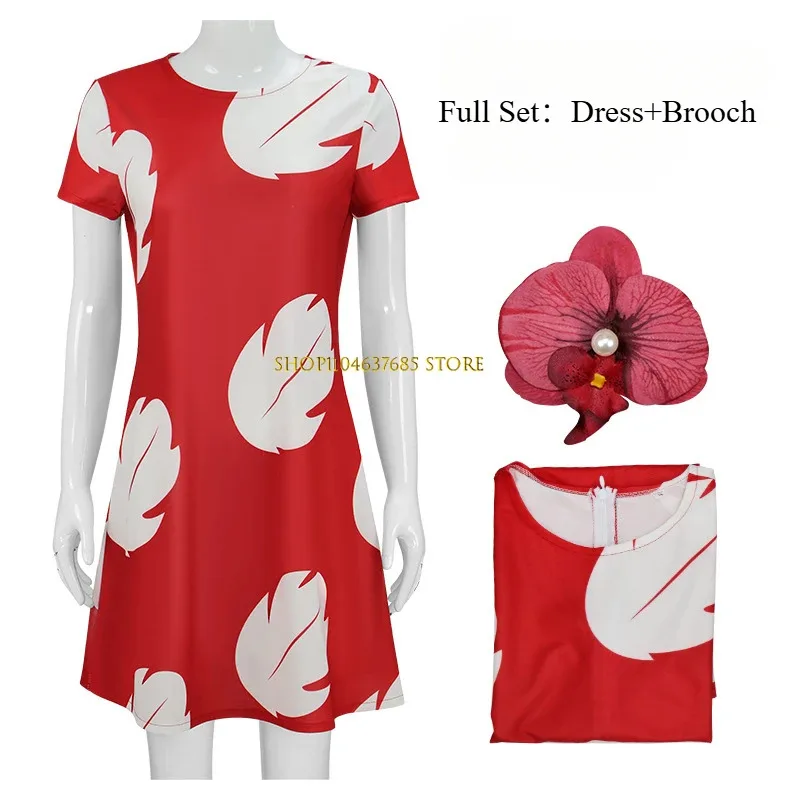 Lilo Cosplay Costume Pelekai Red Lilo Dress Lilo Costume Brooch Outfits Halloween Carnival Party Role Play Uniform for Women