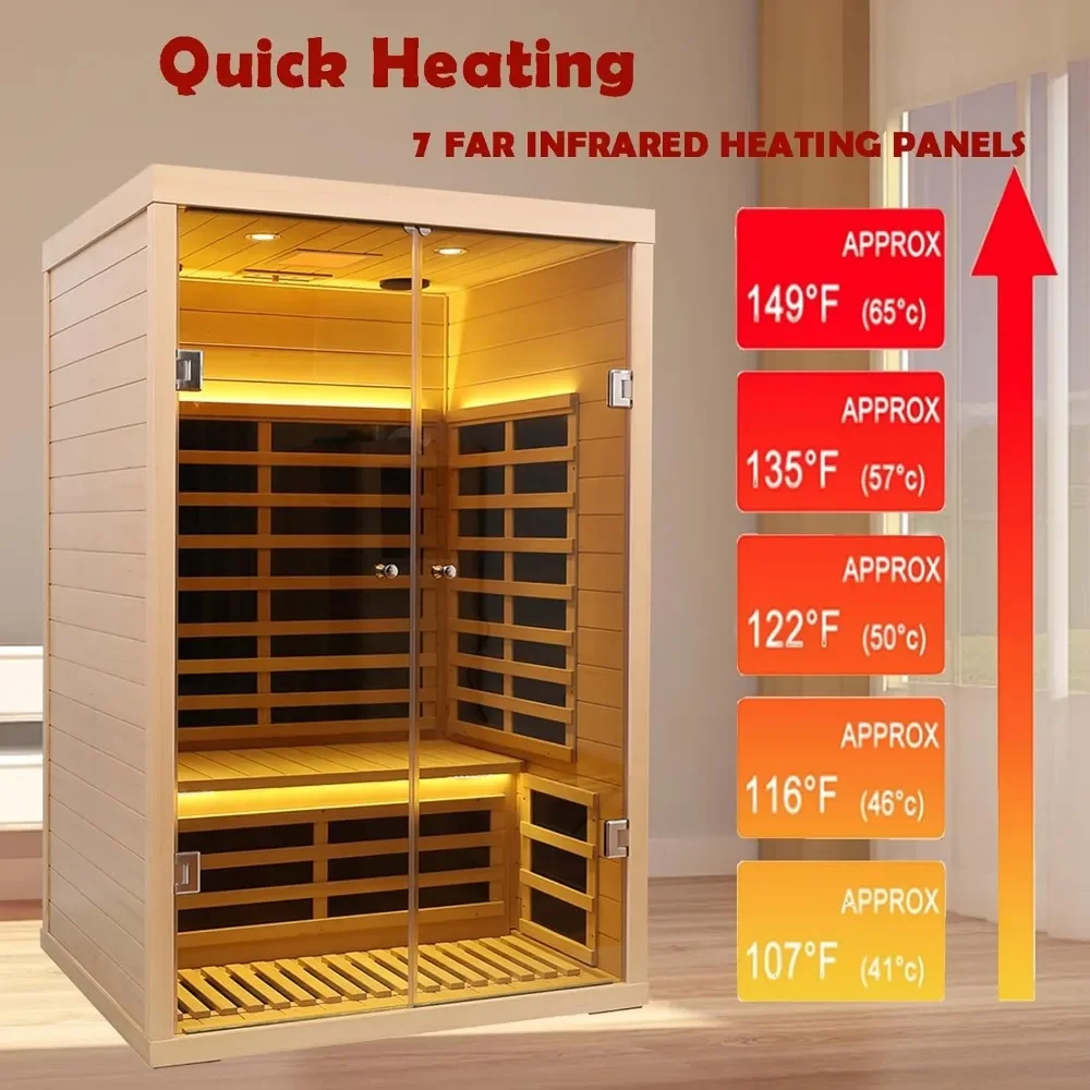 Hemlock 2-persoons lage EMF ver-infraroodsauna, thuisauna voor binnen, luxe deuren van gehard glas, 1780 W, app- en LCD-paneelbediening