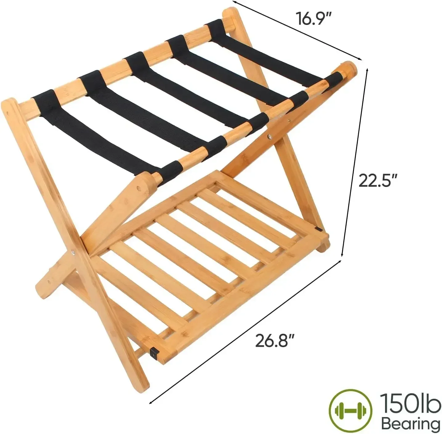 Rack de bagagem totalmente montado, pacote de 2, suporte de mala dobrável com prateleira de armazenamento, suporte de luggae com 5 alças de nylon