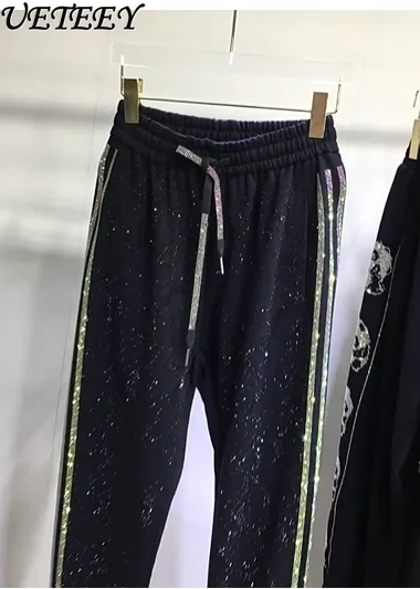 

Heavy Industry Diamond Sparkling Sweatpants Women Loose Skinny Black Line Tie Trousers Autumn and Winter New Casual Sports Pants