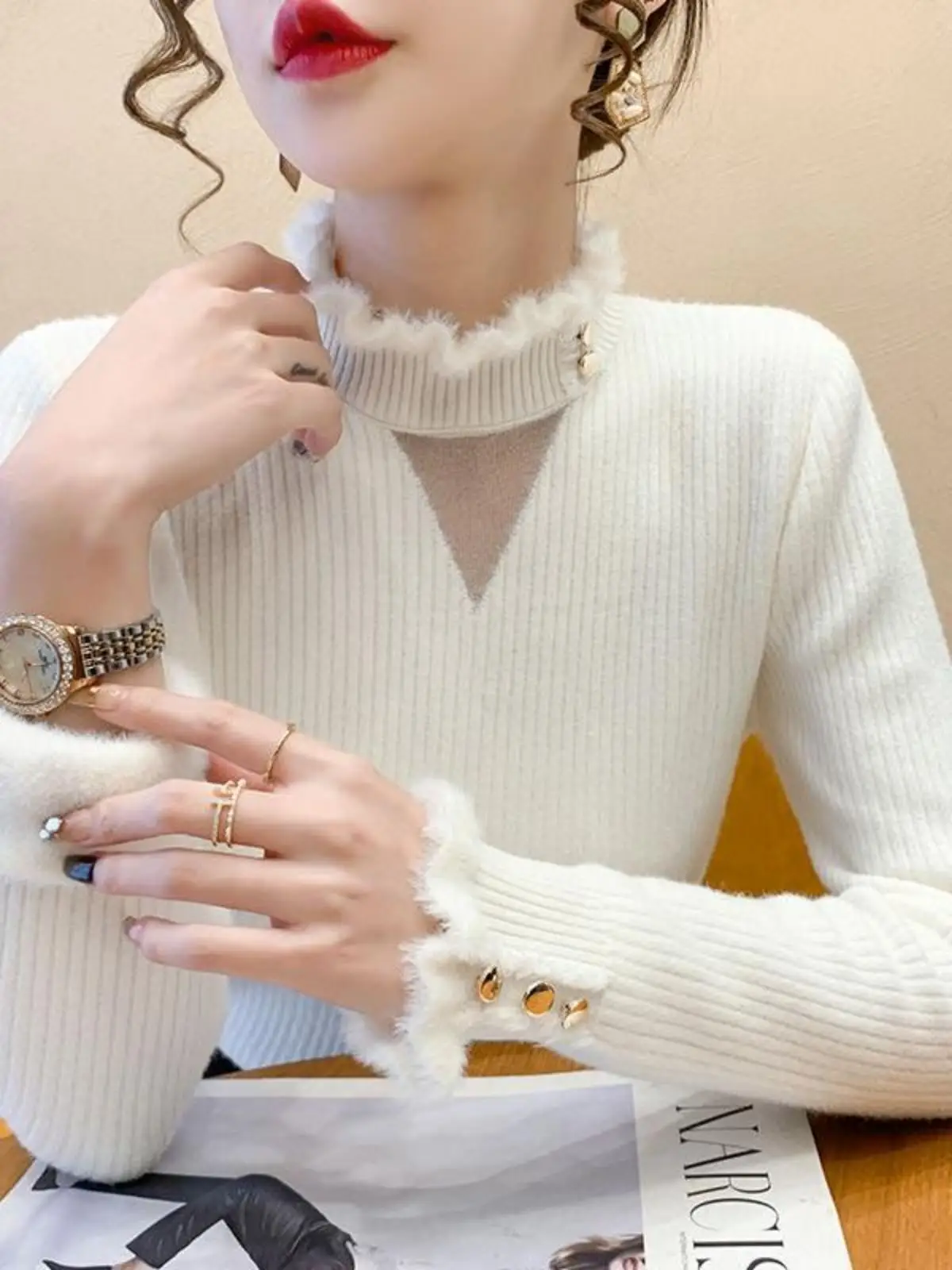 ファッショナブルな女性のフリース裏地付き厚手ニットセーターレーストリムベースレイヤー2点セット秋冬新スタイルワンピース