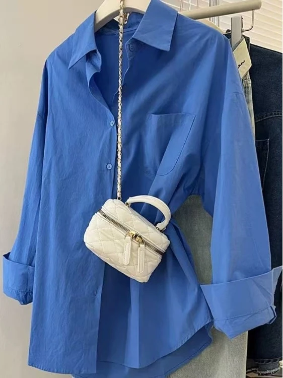 Blue Loose Women's Shirt 2026 New Spring Autumn Street Style Long Sleeve Button up Pure Color Outerwear Layering Top