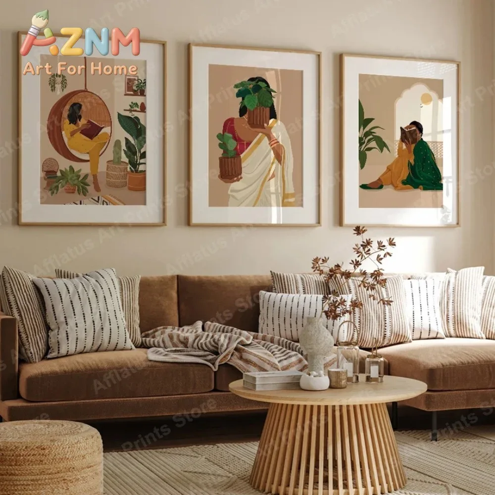 Indian Woman Saree Reading Desi Art Brown Girl Plants Tiger Abstract Posters of Wall Art Canvas Prints Pictures Boho Room Decor