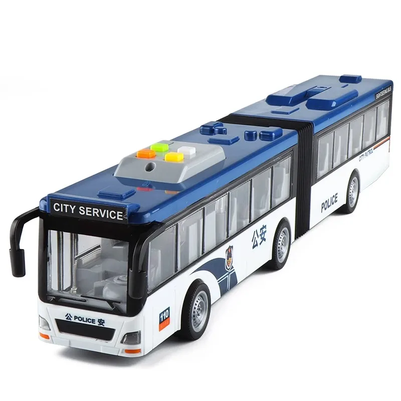 Modelo de fundição de ônibus articulado, grande simulação, inércia, luz sonora, seção dupla, brinquedos do carro do campus para crianças