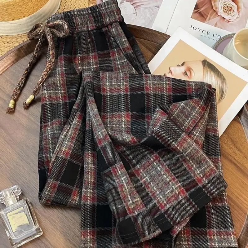 French Women's Autumn Loose Straight Leg Pants for Teenagers Comfortable Casual Pants Cute Student Wide Leg Checkered Pants