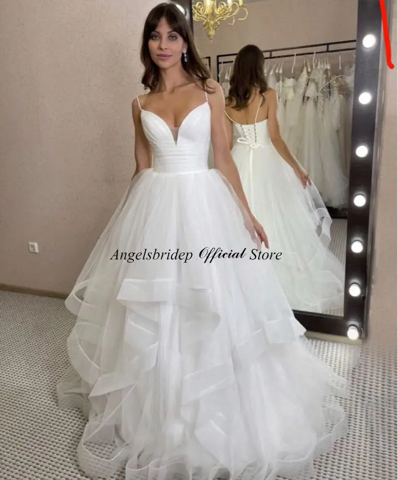 Angelsbridep eleganckie Boho linia tiulowa suknia ślubna dla kobiet 2023 dekolt paski Spaghetti Ruffles Bride suknie Robe De Mariée