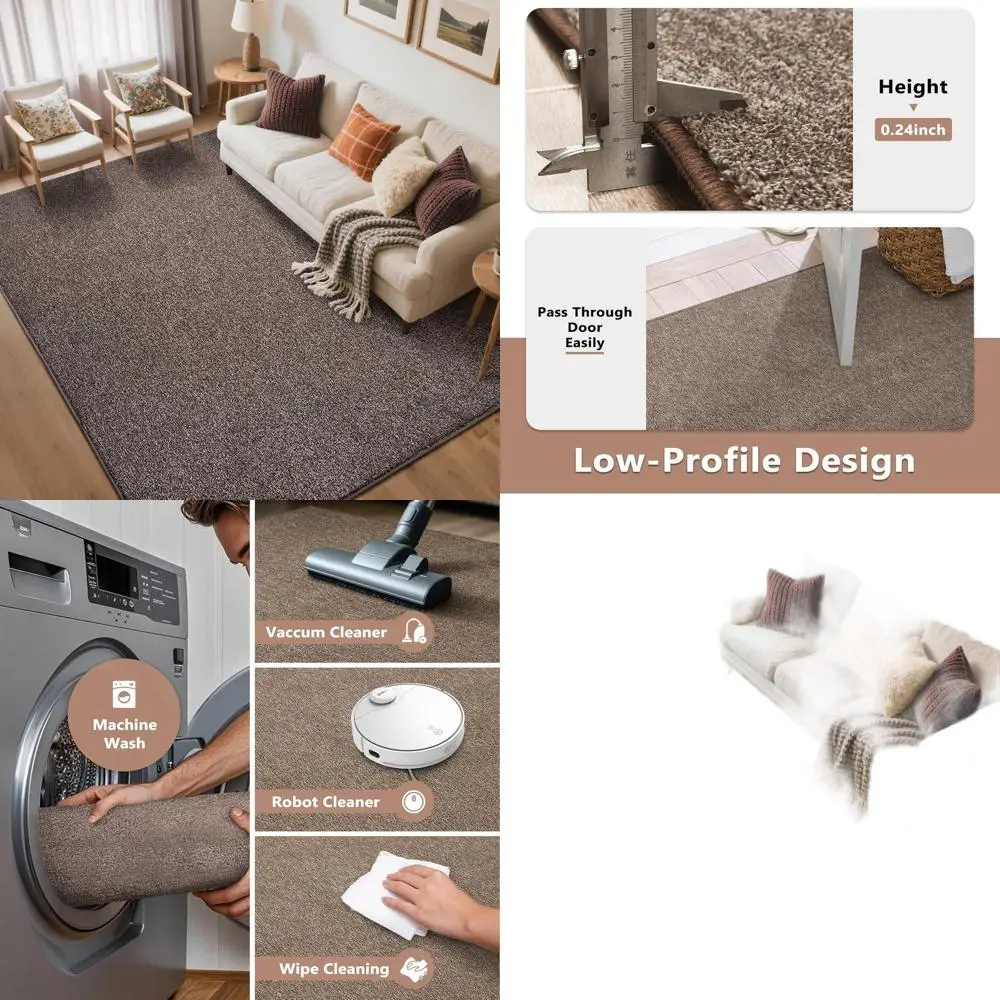 

5x7 Brown Low Pile Washable Rug, Non-Slip for Bedroom and Living Room, Solid Color Indoor Decor