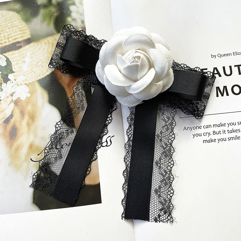 

Camellia Lace Ribbon Bow Tie Brooch Korean College Style Shirt Accessories Fashion Retro Ladies' Jacket Suits Collar Flower Pins