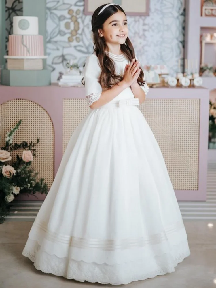 Vestidos blancos de flores para niña, Apliques de encaje de satén con lazo, Media manga para boda, fiesta de cumpleaños, banquete, vestidos de princesa