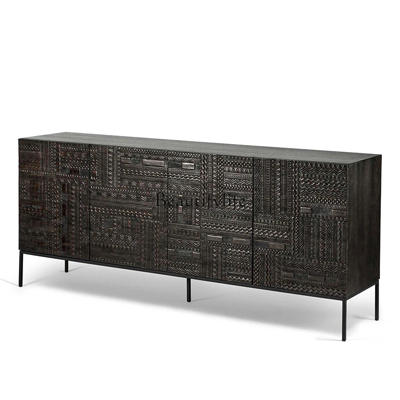 

Nordic Retro Affordable Luxury Teak Carved Sideboard Cabinet Mid-Ancient Industrial Style Solid Wood Entrance Cabinet