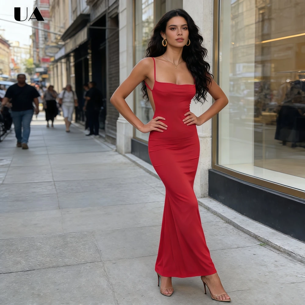 

Sexy Sheath Backless Long Dress with Spaghetti Strap Classic Solid Sleeveless Empire Maxi Party Dress Elegant Square Neck Dress