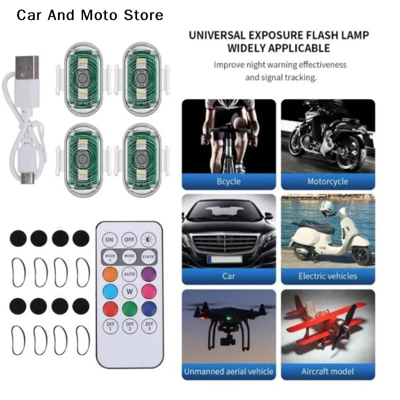 【CMO】4pcs Wireless LED Car Motorcycle Anti-collision Rechargeable Warning Light Flash Indicator Drone Accessories