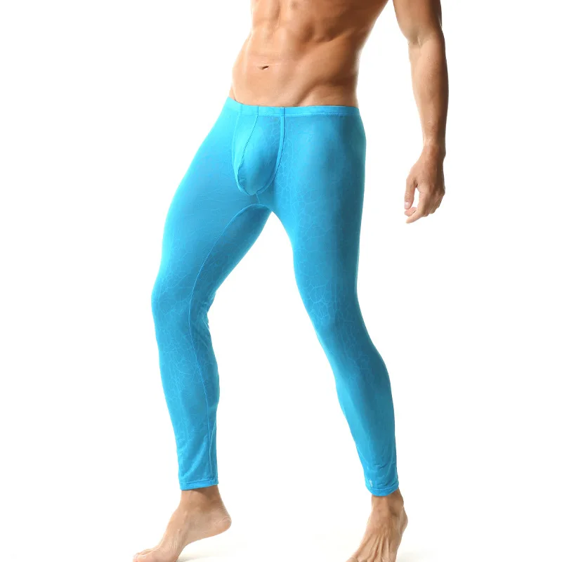 Men's Sheer Mesh Long Johns Transparent Lace Pattern Compression Pants Sexy See-Through Mesh Leggings High Elastic Form-Fitting