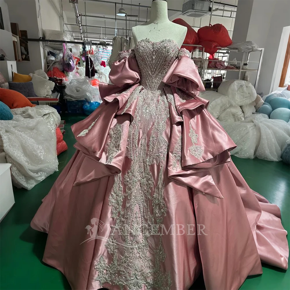 Customized Beading Princess Ball Gown Affordable Beach Wedding Dress Short Sleeves Lace Up Back Bridal Dress Vestido De Novia