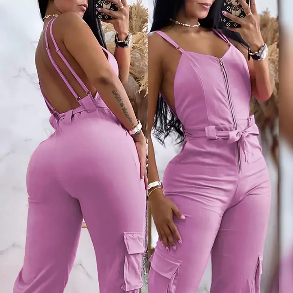 Zipper Pocket Design Backless Cuffed Jumpsuit Women Summer Rompers Sexy Y2k Pencil Pants Bocycon Streetwear Bodysuit Overalls