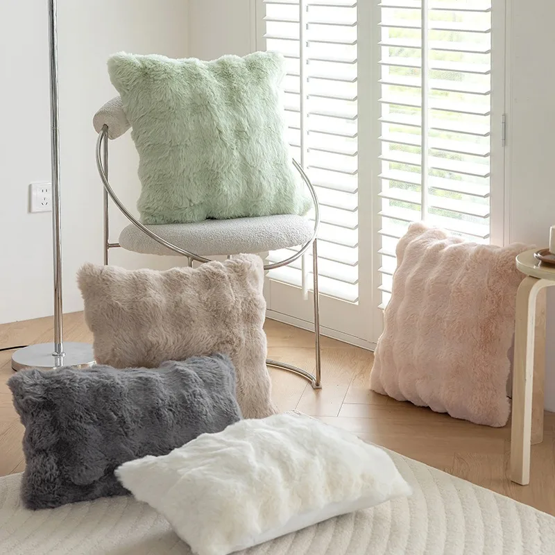 Winter Rabbit Fur Bubble Plush Pillow Sofa Cushion for Living Room Study Solid Color