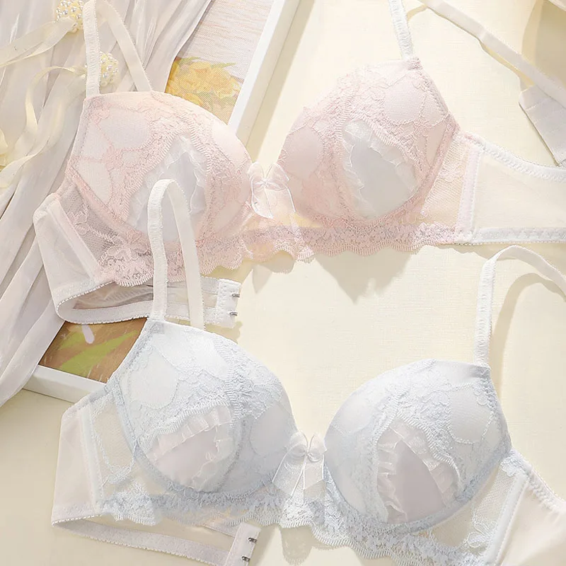 Women Lace Bra Sheer Mesh Bow Decor Wireless Push Up Adjustable Straps Soft Comfortable Elegant Lingerie Underwear for Ladies