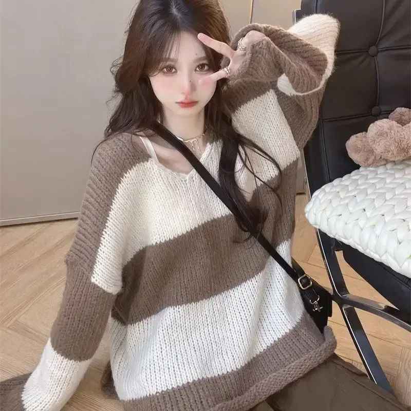 

Vintage Striped V-neck Sweater Women Autumn Winter Loose Long Sleeve Patchwork Knitwear Fashion All-match Trend Knitting Tops