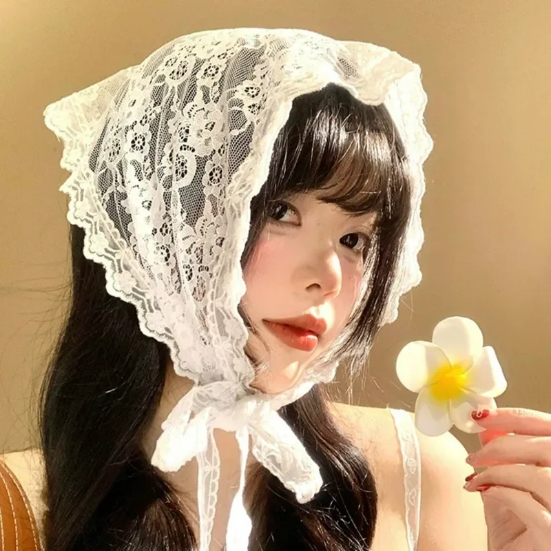 レースアップ花三角形スカーフ女性の夏のヘアバンドファッションメッシュフラワーヘアラップ軽量通気性ヘッドカバーヘッドバンド