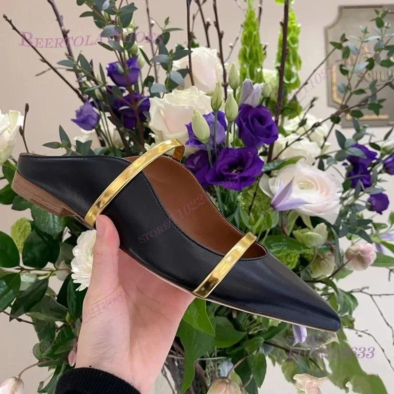 البغال المسطحة نصف جولة أشار تو الصنادل الجلدية السوداء المرأة عارضة الذهب حزام مشبك تصميم الفضة النعال جوفاء أحذية الملاعب المغطاة #5