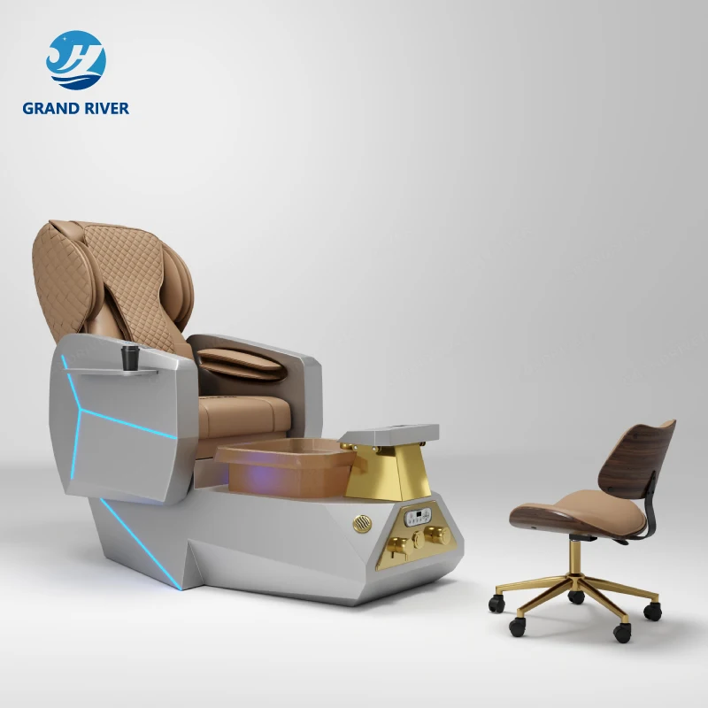 Luxury High Back Brown Stainless Steel Reclinable Pedicure Spa Chair Foot Massage Nail Salon Pedicure Chair With Led
