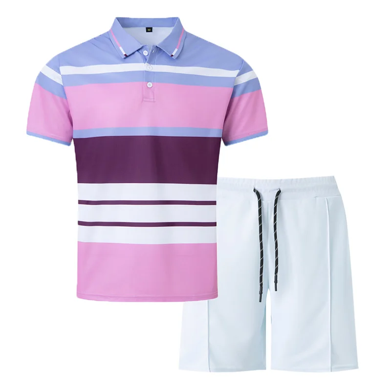 Summer men's set short sleeved+shorts comfortable lapel T-shirt business casual polo shirt+drawstring shorts summer fashion.