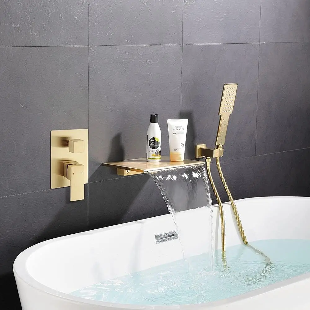 Wall Mounted Tub Faucet Set With Handheld Shower Modern Single Handle Waterfall Spout Tub Filler Solid Brass In Brushed Gold