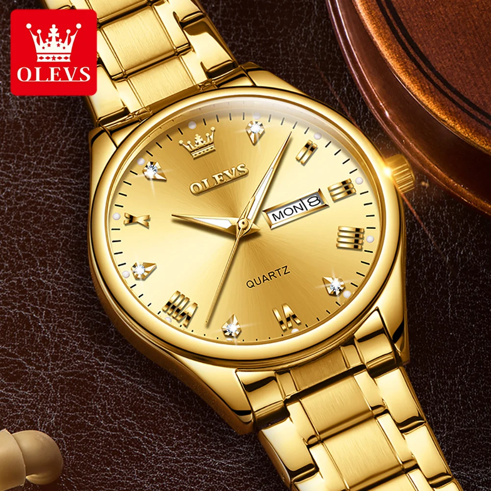 OLEVS 5563 Original Luxury Brand Men\'s Watches Gold Stainless Steel Quartz Wristwatch Waterproof Dual Calendar Clock Luminous