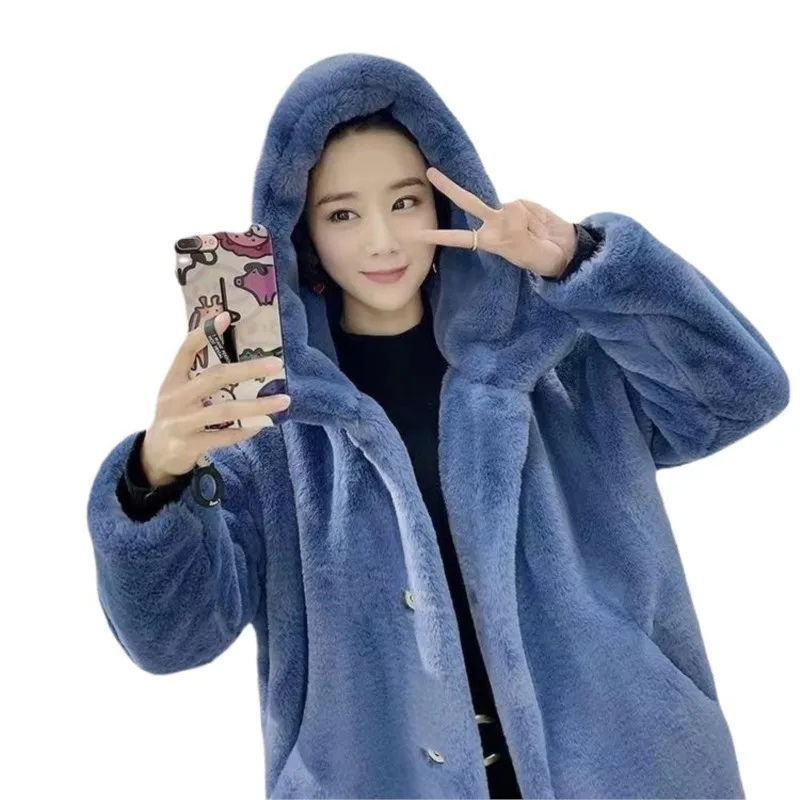 Thickened long hooded loose knee-length coat for women mixed fur