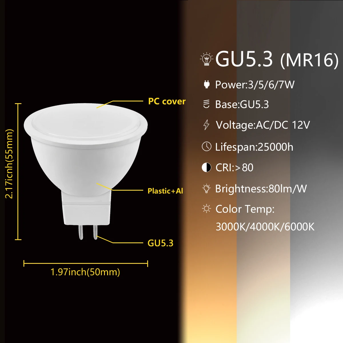 LED low voltage AC/DC12V spotlight MR16 GU5.3 Luminous Angle 38/120 degrees 3W-7W 3000K-6000K can replace 20W 50W halogen lamp