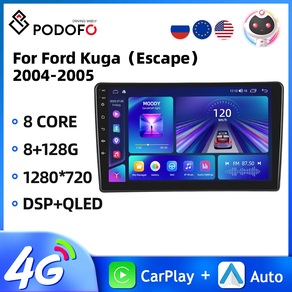 Podofo 8Core 9'' Car Radio For Ford Kuga 2004-2005 Multimedia Player Carplay Android Auto WIFI 4G GPS Navigation BT FM Car Audio