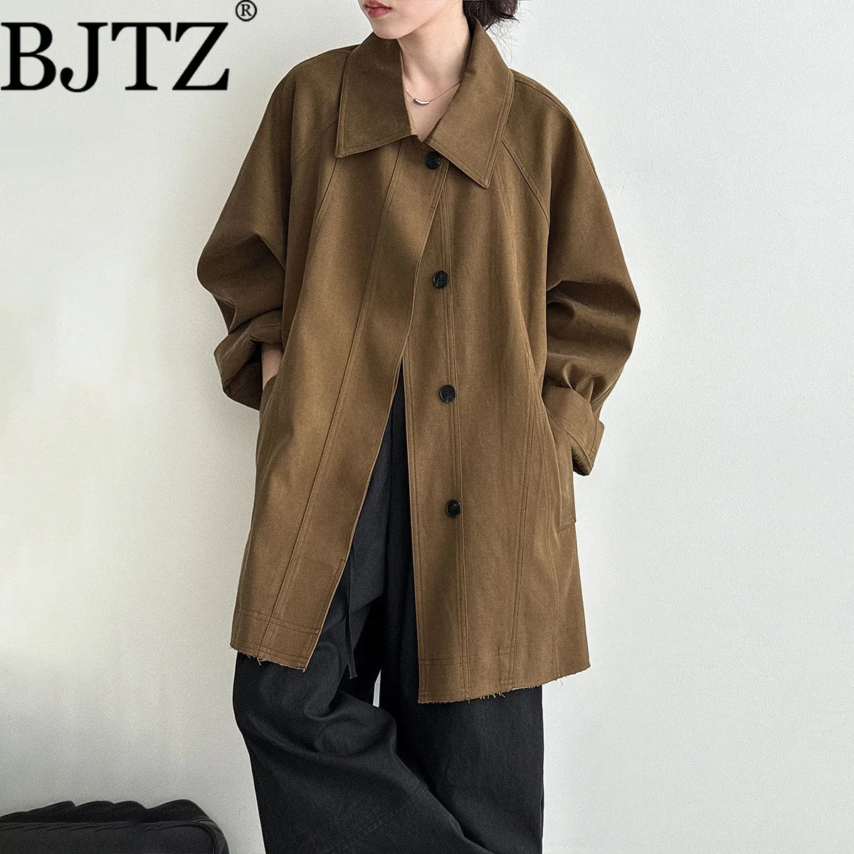 

BJTZ женский новый винтажный плащ большого размера 2025 года, повседневное длинное пальто свободного покроя на осень-зиму, модная верхняя одежда