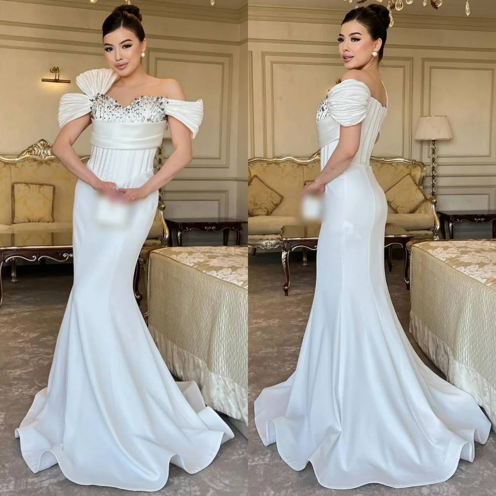 

Customized Fashion Elegant Charmeuse Sequined Pleat Trumpet Off-the-shoulder Long Dresses Bespoke Occasion Formal