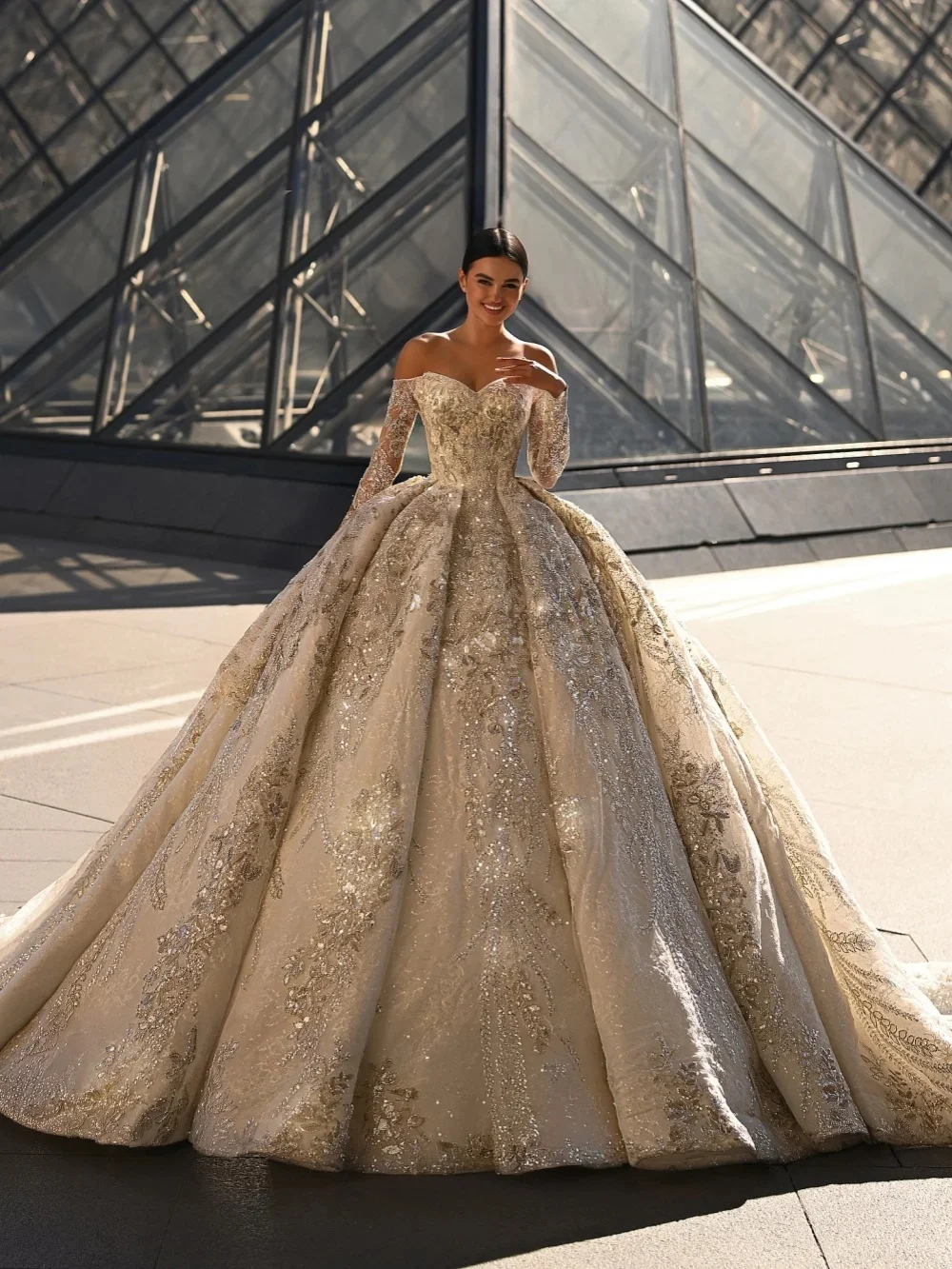 فساتين زفاف ترتر عتيقة بدون أكتاف فستاين سهرة/فساتين الحفلات وأكمام طويلة الأميرة سويب تراين مخصصة فيستدوس دي نوفيا #2