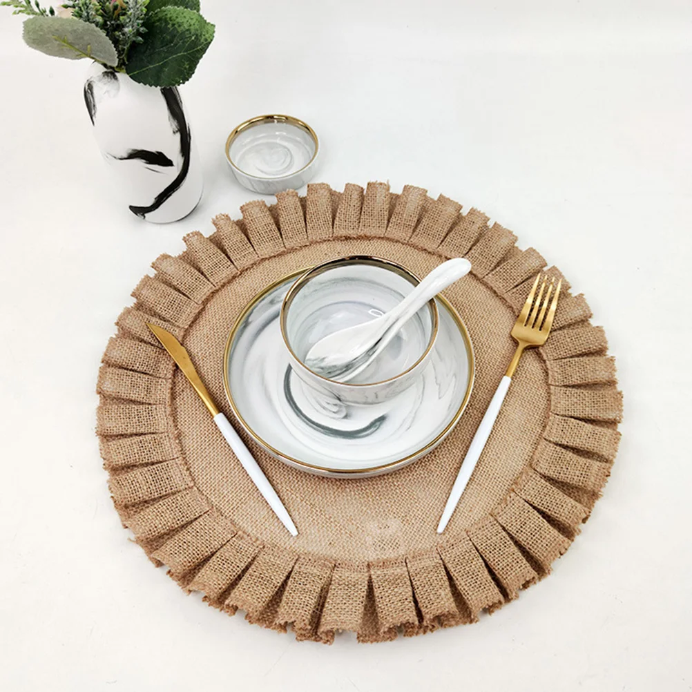 

2pcs Heat resistant Placemats Brown Burlap Pastoral Style Jute Retro Round Table Mats Practical Kitchen Dining