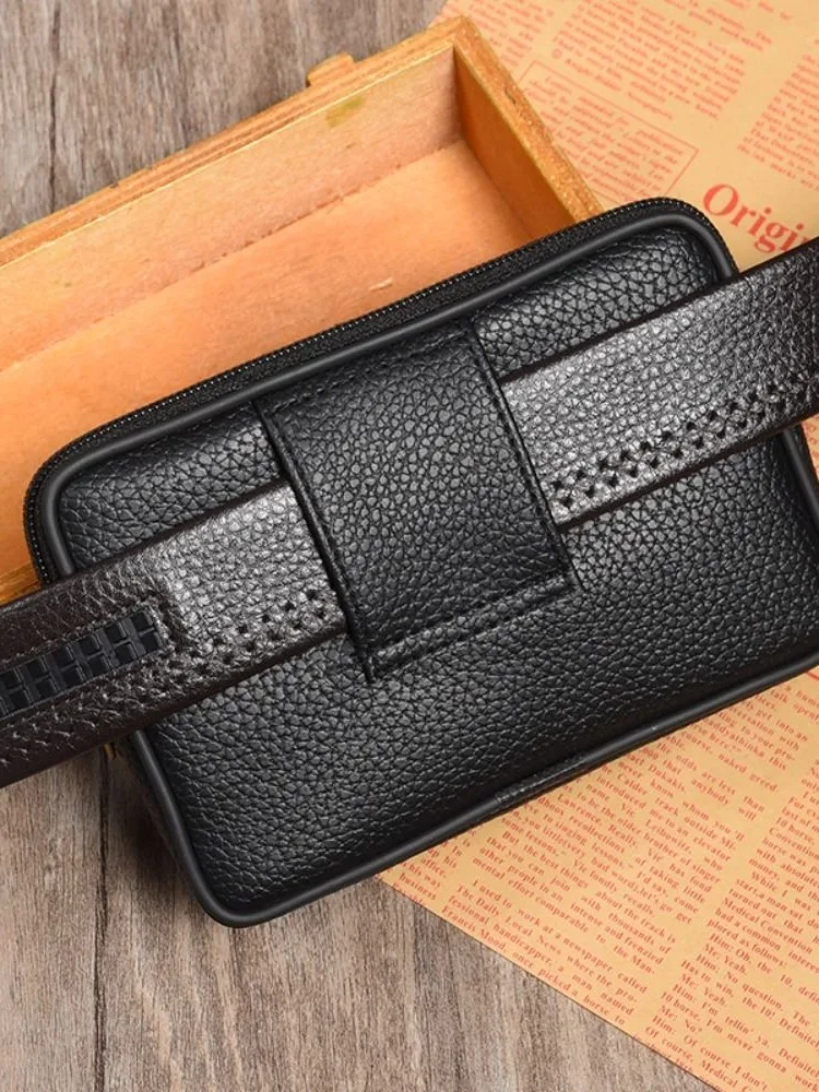 Retro Skórzana Mała Torba Talia Jednolity Kolor Pas Bum Pack Casual Fanny Biznesowa Torba Talia Mężczyźni Podróżny Pas Sportowy Bum Phone Pouch — zdjęcie 2
