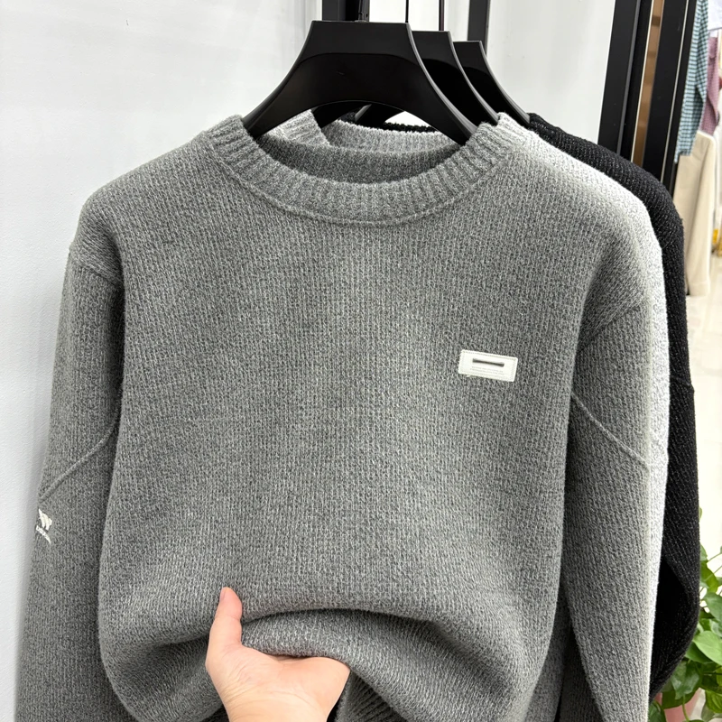 men's autumn winter high quality fleece-lined thicken long sleeves pullover round neck keep warm sweater leisure men clothing