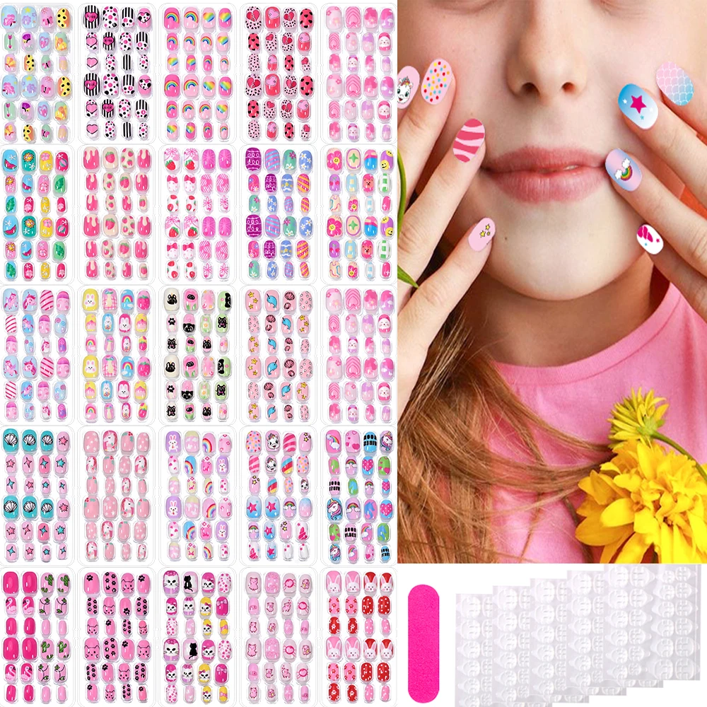 120Pcs Candy Child Nail Tips Full Cover Short False Kids Fingernails Colorful Festival  Press on Nails Grils Cute Manicure Tool%