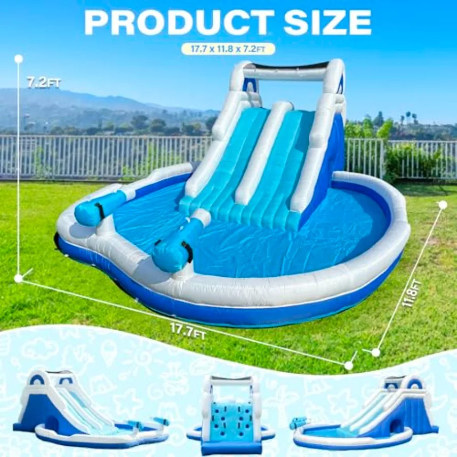 Backyard summer party inflatable water park for big kids: 17.7FT double-layer PVC blue and yellow includes splash pool climbing
