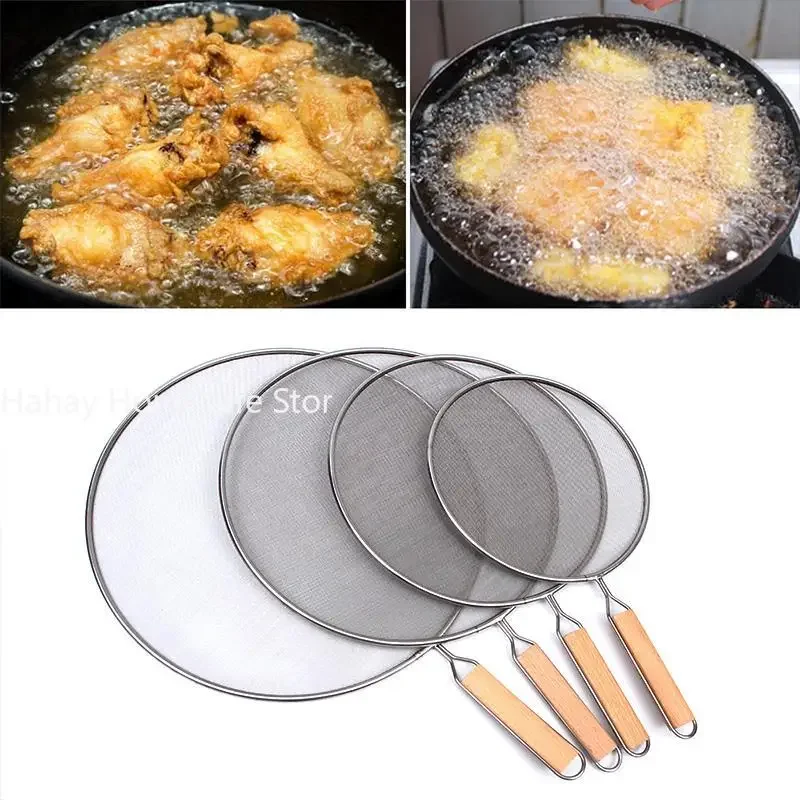 Stainless Steel Splatter Screen For Frying Pans Mesh Guard For Kitchen Cooking Hot Oil Splash Splatter With Wooden Handle