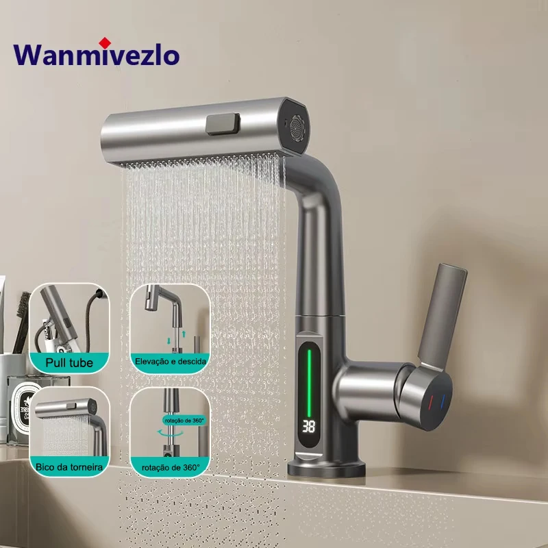 Intelligente Digitale Ausziehbare Küchenarmatur mit Kalt- und Warmwasser-Mischer, Drehbare Spülbeckenarmatur