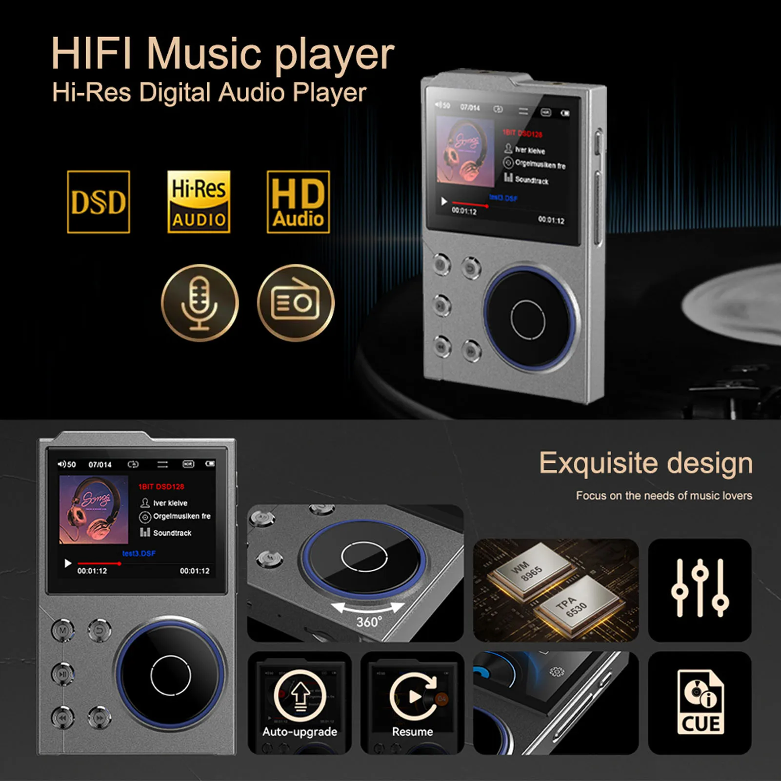 

Цифровой музыкальный плеер Bluetooth 5.3 без потерь DSD FLAC HD HiFi Портативный MP3-плеер Цифровой звуковой плеер