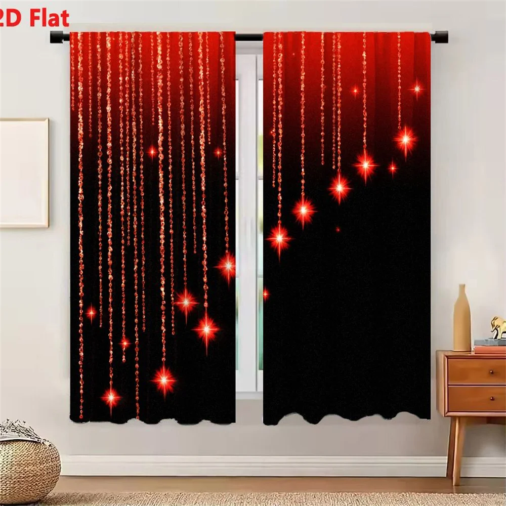 2Pcs Curtains 2D Flat Red Beaded Strands With Starburst Lights Festive Decorative Display For Christmas Window Drapes for Bedroo
