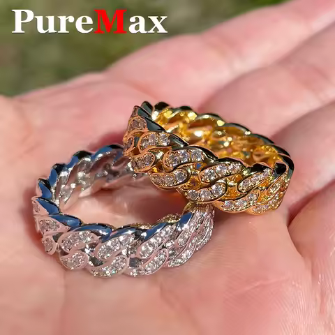 PureMax Hip Hop Full Moissanite Cuban Ring 18k Gold Plated For Men 925 Sterling Silver Wedding Diamond Ring Fine Jewelry Gift