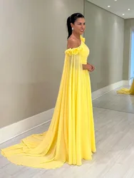 Off Shoulder Yellow Chiffon Prom Dress for Women 3D Flowers A Line Special Occasion Party Gown Formal Cocktail Dresses