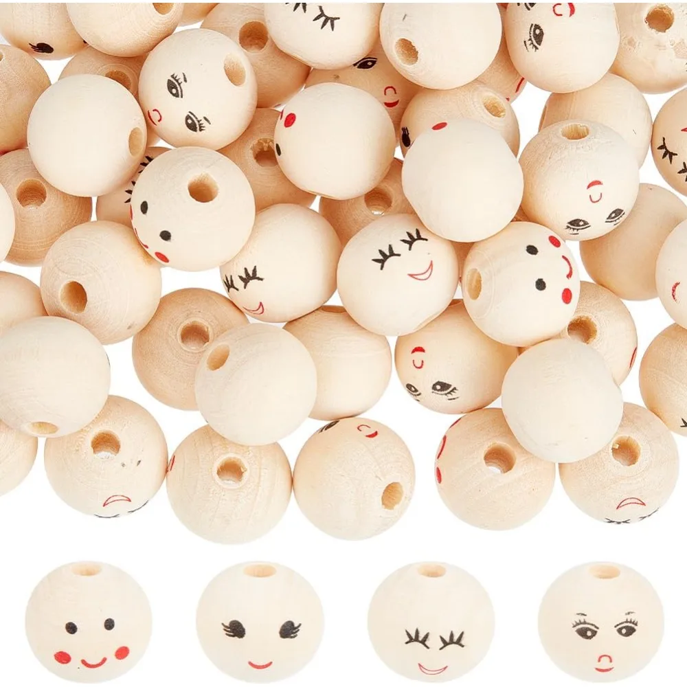 100Pcs 4 Styles Smile Wooden Beads 20mm Natural Wood Beads Round Ball Doll Head Bead with 4.7mm Hole Laughing Face Printed Loose